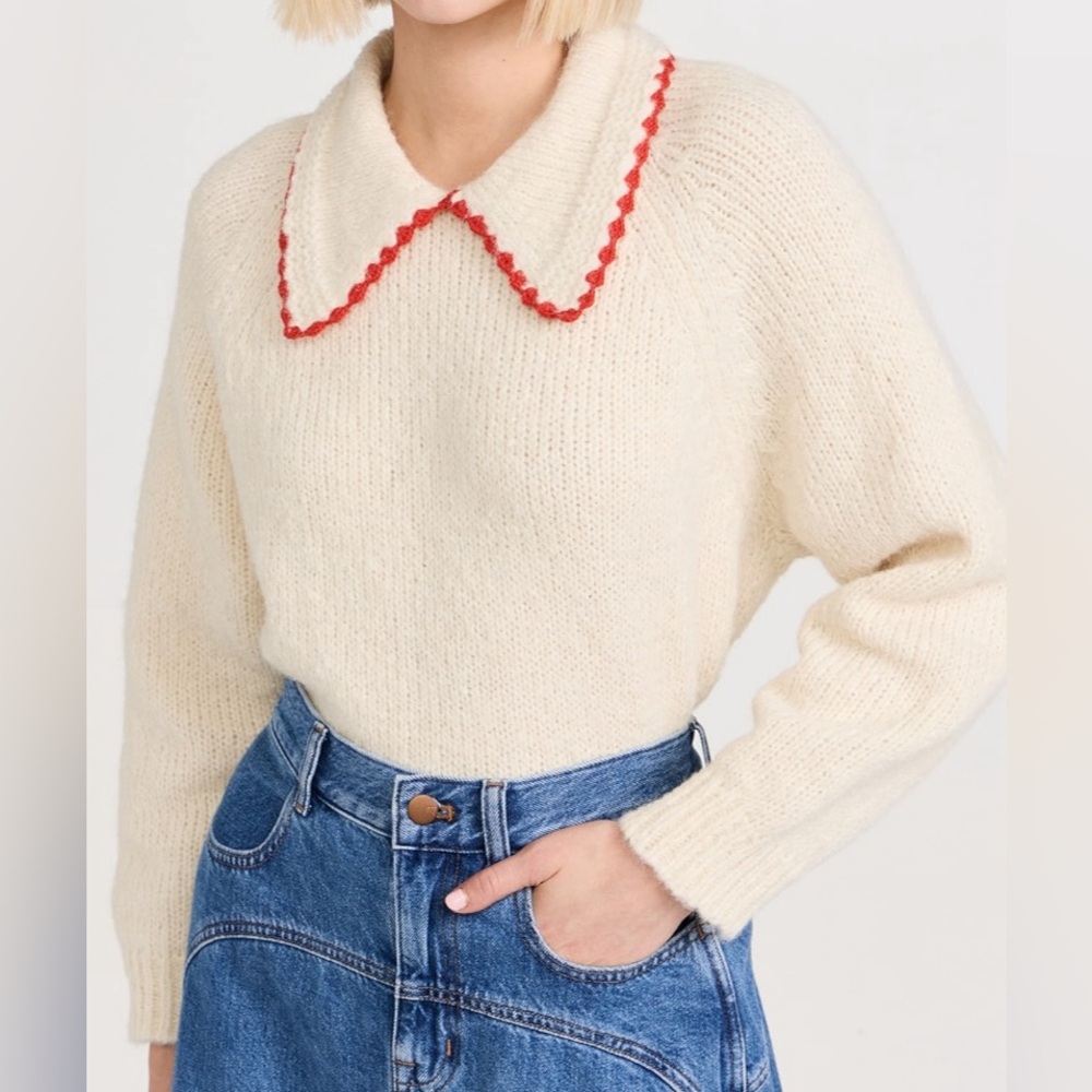 Crochet Collar Pullover by The Great, Size 3 Soft white with Cherry
